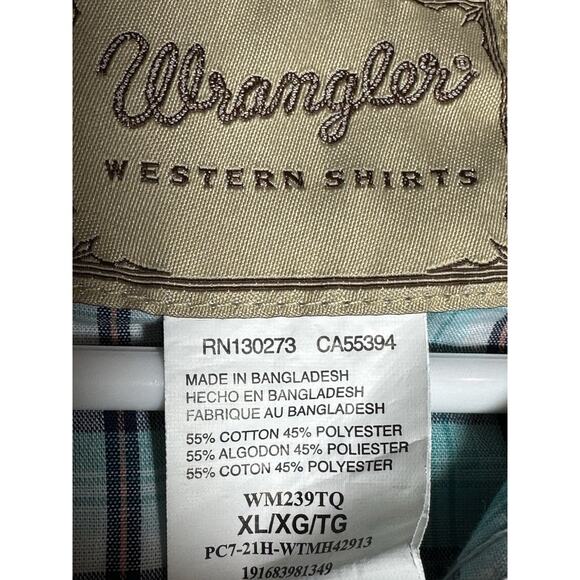 Men’s Wrangler Pearl Button Down Long Sleeve T Shirt Size XL Plaid Teal Pattern - Picture 4 of 4